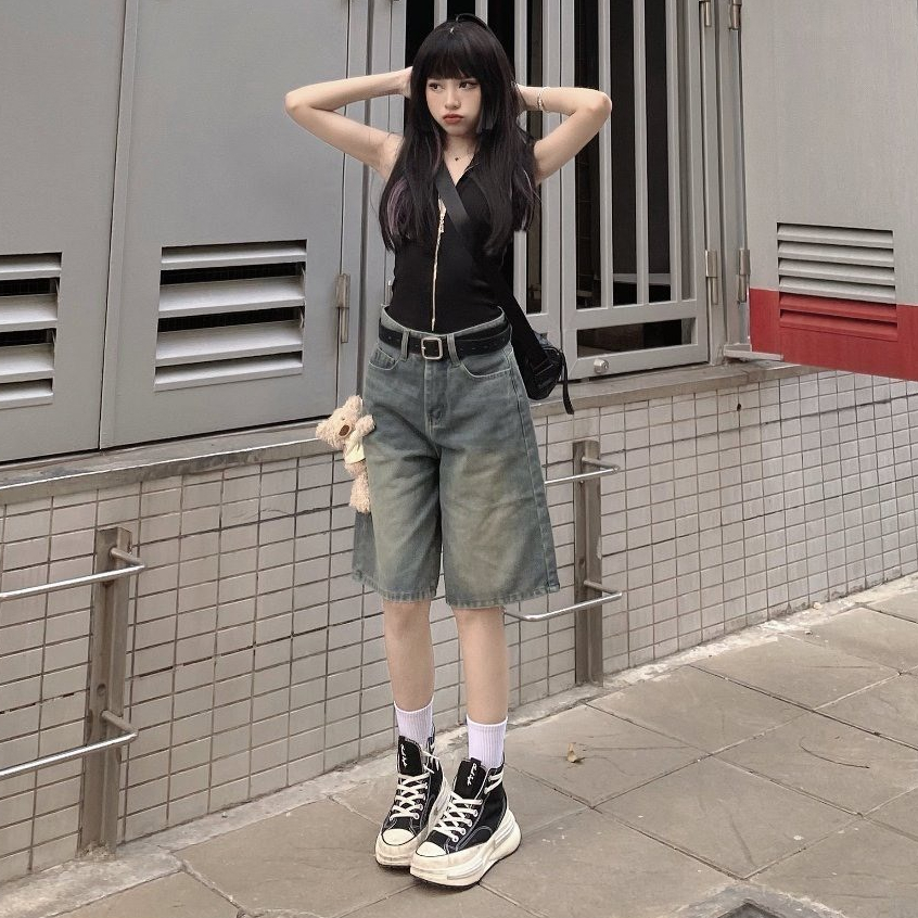 Quần Short Jeans lửng wash cạp thấp ống rộng nữ, Quần jeans unisex siêu Hot siêu sang chảnh N 69 HOT | BigBuy360 - bigbuy360.vn