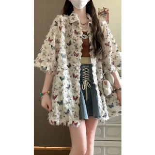 Áo Sơ Mi Nữ Ngắn Tay Họa Tiết Bướm Nhiều Màu Sắc Thiết Kế Tua Rua Cổ Điển