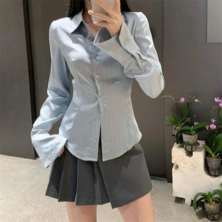 Áo Sơ Mi Nữ Dài Tay Thắt Eo Cổ Tay Dáng Loe Chất Bóng Nhẹ