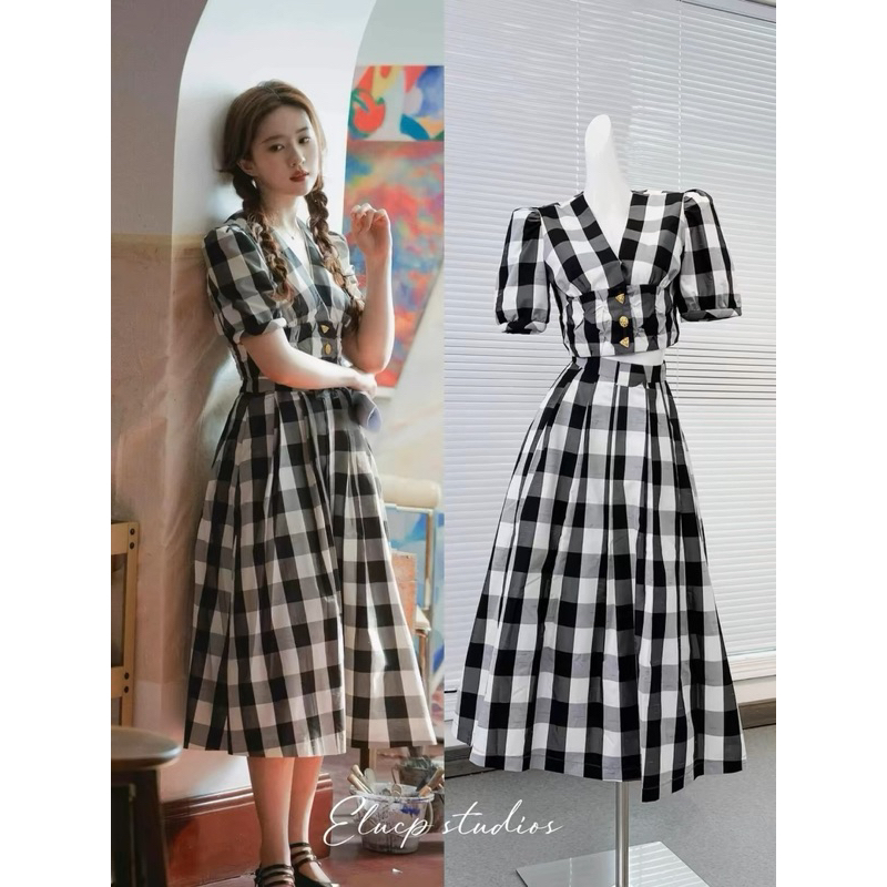 Set áo kèm chân váy Lưu Diệc Phi caro xoè