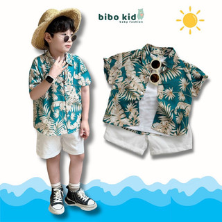 Bộ sơ mi hoạ tiết đi biển dành cho bé trai/set sơ mi lá dừa đi biển cho bé trai sz 8-28kg bibo kid