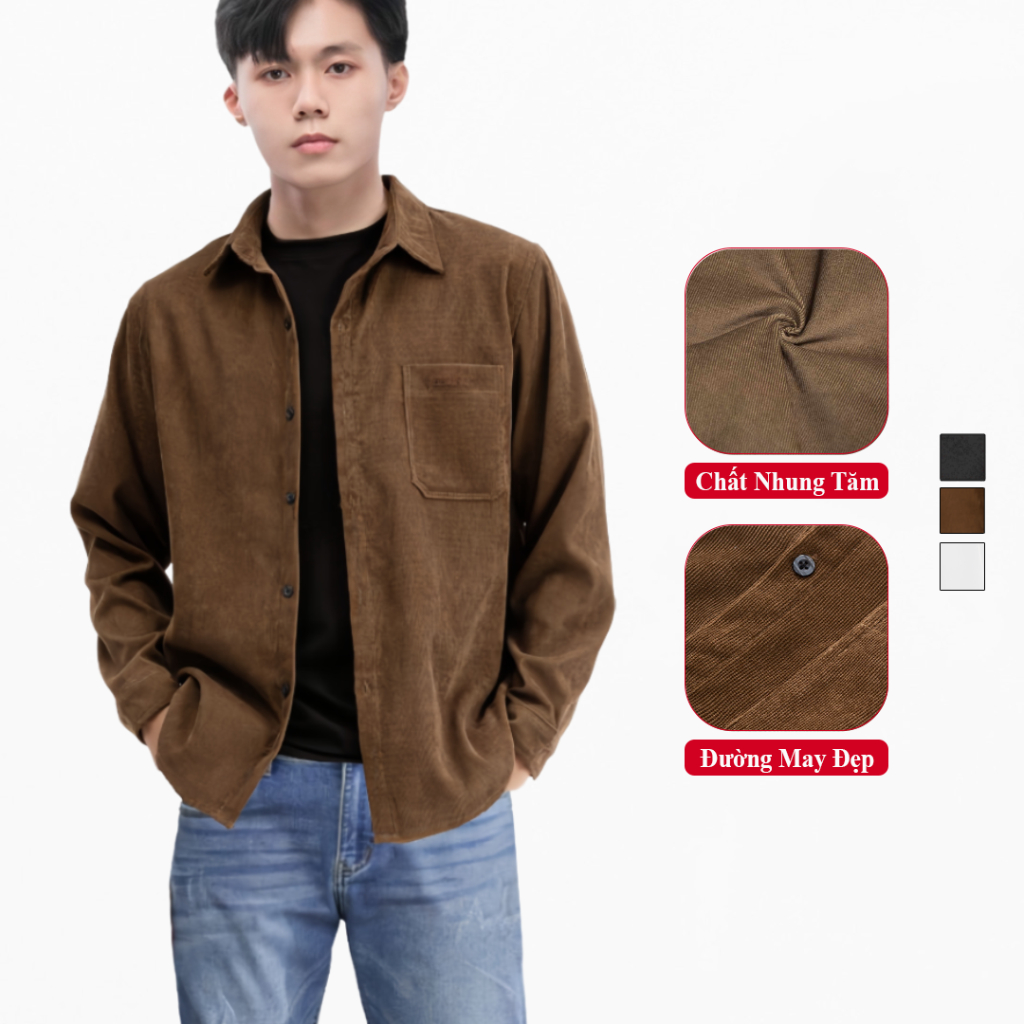 Áo Sơ Mi Nam Dài Tay Nhung Tăm Cao Cấp Cao Cấp Vicenzo. Áo Sơ Mi Nhung Dài Tay Nam Trẻ Trung