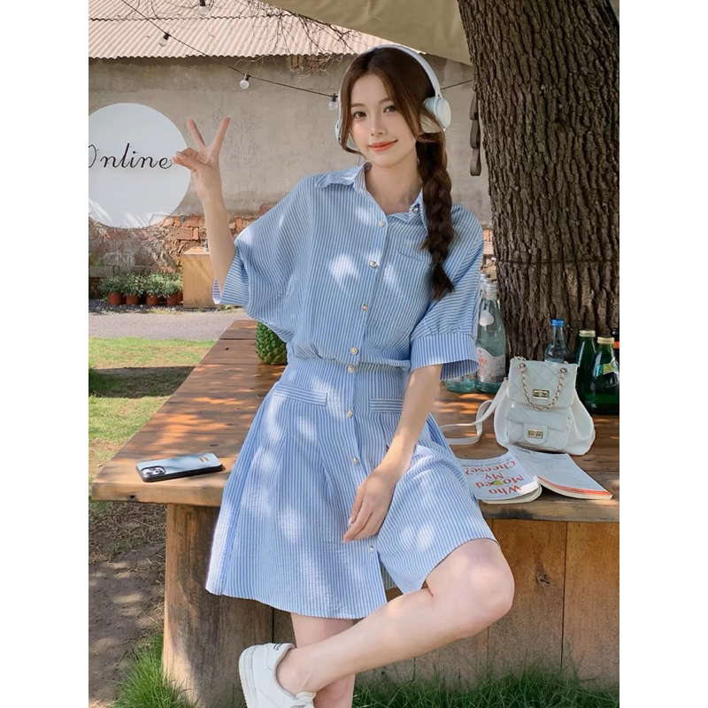 Đầm giả set sọc xanh caro chun eo basic dạo phố