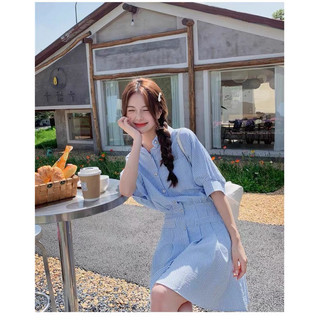 Đầm giả set sọc xanh caro chun eo basic dạo phố