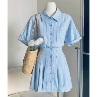Đầm giả set sọc xanh caro chun eo basic dạo phố