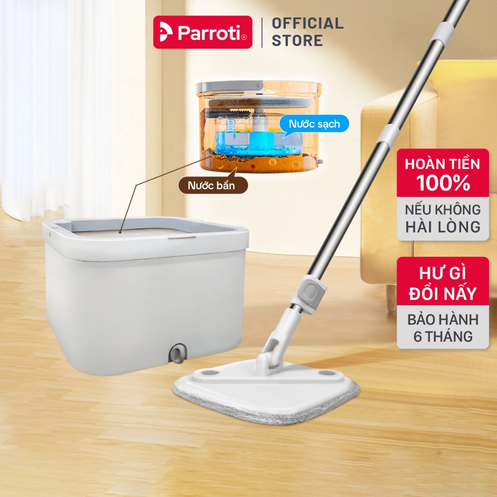  Cây lau nhà tách nước bẩn bộ lau nhà tự vắt xoay 360 độ chổi lau nhà thông minh Parroti Spin - SA01 