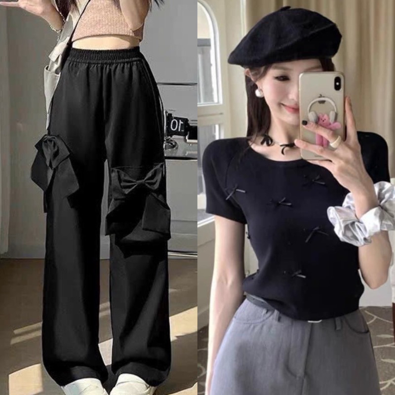 Set quần nơ túi hộp + áo baby tea nơ