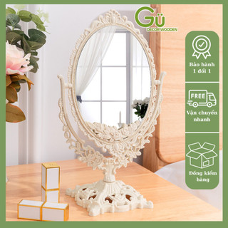 Gương trang điểm để bàn Gu Decor Wooden, Gương soi xoay 360 độ decor trang trí phòng ngủ