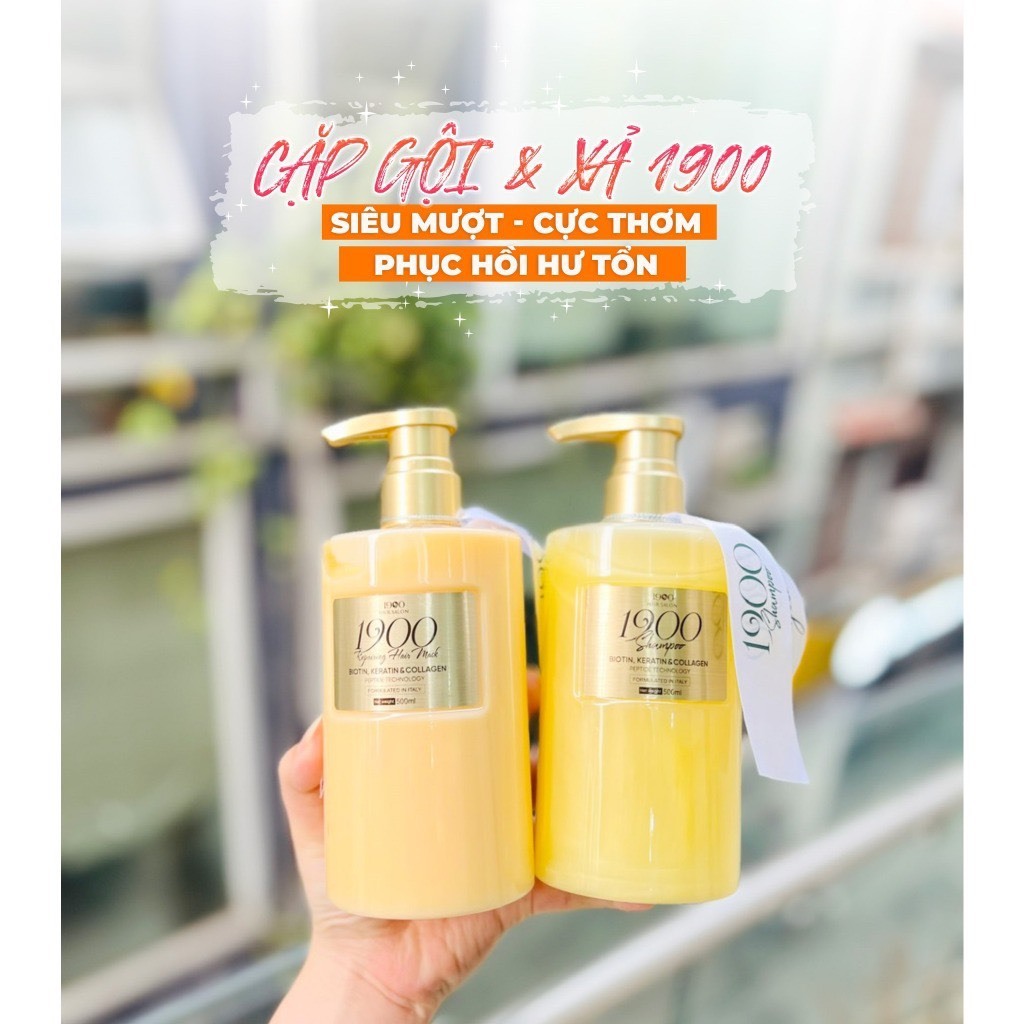 Bộ dầu gội dầu ủ cao cấp 1900 Hair Salon 500ml x2 chứa Biotin, Keratin tinh luyện dưỡng tóc chắc khoẻ vào nếp suôn mượt