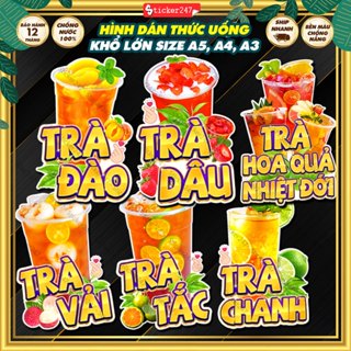 Decal Trà Vải, Trà Sữa, Trà Chanh, Trà Đào, Trà Dâu, Trà Tắc 🌈Freeship Hình Dán/Ép Plastic Dán Quán Trà Sữa Chống Nước