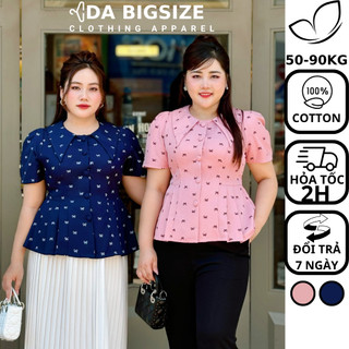 Dabigsize - Áo Bigsize Nữ , Áo Kiểu Peplum Cổ Nhọn Họa Tiết Nơ Chất Cotton Mềm Mịn Dành Cho Người Mập 50-90kg