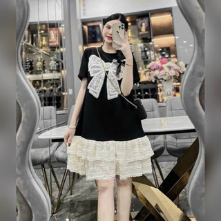 Váy yt54, đầm suông đuôi cá chân ren đính nơ ngọc tiểu thư from suông rộng