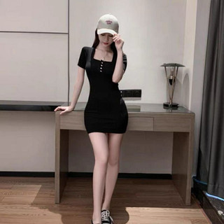đầm polo cổ vuông ngắn tay phối nút cực.xinh - váy nữ ôm body cổ vuông ,- RC27