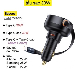 Tẩu sạc nhanh 30W Baseus Enjoyment Pro Car Charger C + Retractable Type C Cable 60W