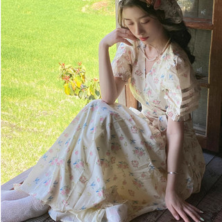 Bộ Đồ Hoa Kiểu Pháp Áo Sơ Mi Tay Phồng Kèm Chân Váy Dài