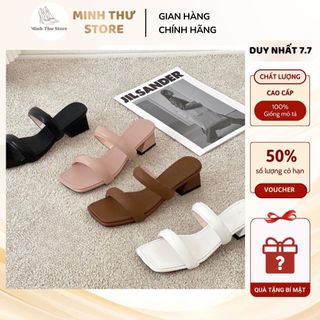 Dép cao gót nữ Minh Thư mũi vuông 2 quai ngang phồng chất da mềm êm chân, giày cao gót đi tiệc gót vuông 5cm