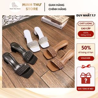 Dép cao gót nữ Minh Thư thời trang mũi vuông 4 quai ngang đính đá xoàn lấp lánh, giày cao gót nữ đi tiệc gót vuông 5cm