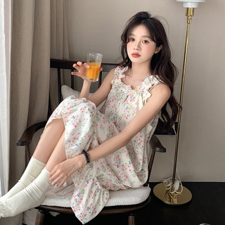 Đầm ngủ nữ 2 dây mùa hè nhún bèo hoa ngọt ngào, Váy ngủ nữ 2 dây dáng suông mặc nhà xinh xắn 8848