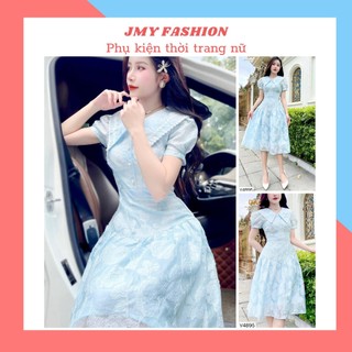 V4895 Váy xanh hoa nổi dáng xòe nữ tính [Dolce Viva Colection (DVC)] váy xòe hoa xanh cổ lá tiểu thư