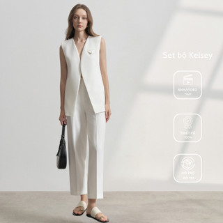 Set KELSEY gồm: Áo vest gile + quần dài suông, màu trắng, phong cách sang trọng | the tendy - natural & minimalist