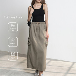 Chân váy KEVA dáng dài, màu nâu rêu, cạp chun có dây điều chỉnh và túi hộp hai bên | the tendy - natural & minimalist