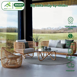 Bộ sofa mây tự nhiên SMARTHOMES làm thủ công kèm nệm cao cấp dùng phong khách sang trọng bền đẹp