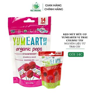 Kẹo mút hữu cơ cho bé 4 hương vị trái cây,vị dâu tây Yumearth 14 chiếc từ nước ép trái cây