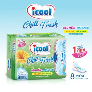 Băng vệ sinh Icool Chill Fresh gói 8 miếng chiết xuất tinh chất hoa cúc mặt vải nhung siêu mềm bạc hà mát lạnh