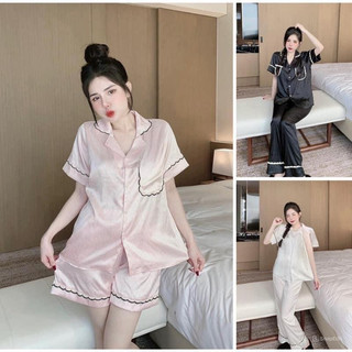 Set bộ lụa cộc dài viền đen