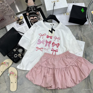 SET ÁO THUN IN NƠ VÁY XOÈ HỒNG PC XINH