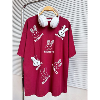 Áo phông cotton khô 3158-form rộng thêu 2 thỏ in 4 thỏ