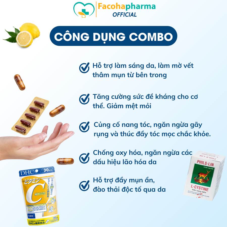 Combo viên uống trắng da L cystine 60v và vitamin C DHC 60v giảm rụng tóc mờ thâm nám cho làn da sáng mịn 30 ngày COMBO1