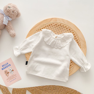 Áo trắng cổ bèo tiểu thư tay nhún bèo mặc kèm áo cardigan và yếm len Baby Sheep cho bé gái thun cotton mềm mịn cao cấp