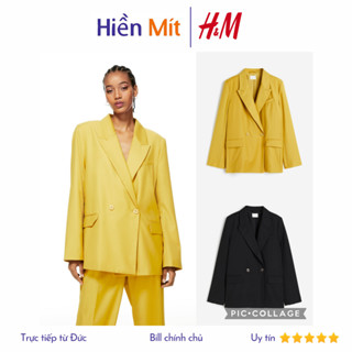 (Size XS) H&M Đức - Áo khoác blazer vạt đắp hai lớp có lót độn vai đen vàng sale auth new tag cổng sở sẵn 1166838011