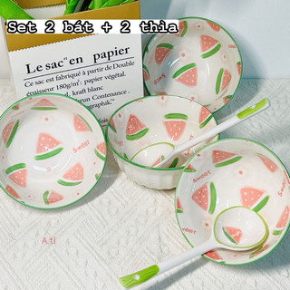 Set 2 bát sứ kèm 2 thìa dưa hấu hàng đóng xốp