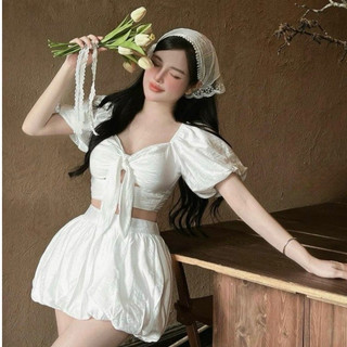 Set đồ nữ bikini rời 2 mảnh áo croptop có mút kèm váy bí bồng trắng, set đồ nữ đi biển mùa hè tặng khăn TỰ MAY 88