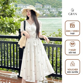 Váy trắng dáng dài basic Giian thêu họa tiết hoa cổ v phối tay bồng thiết kế ôm eo tôn dáng vải thô mềm - VA0818