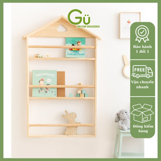 Gía sách cho bé, giá để sách treo tường hình ngôi nhà bằng Gỗ, trang trí phòng trẻ em