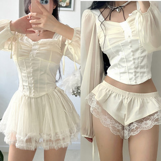 Áo lụa tay voan bồng phối nút - Váy lưới ngắn 2 lớp viền ren eo dây rút