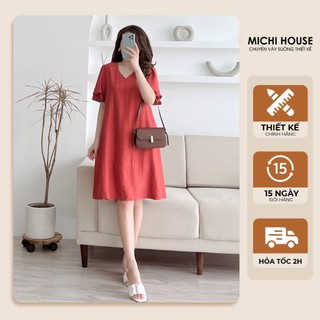 Đầm Suông Công Sở Dự Tiệc MICHI House Váy Xuông Vải Đũi Mát Không Nhăn Cổ V Tay Cánh Tiên Che Khuyết Điểm Tốt V415