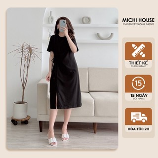 Đầm Thun Suông Màu Đen Xám MICHI House Váy Xuông Rút Dây Chất Thun Cotton Co Dãn Dễ Mặc Che Bầu Khuyết Điểm Tốt V411