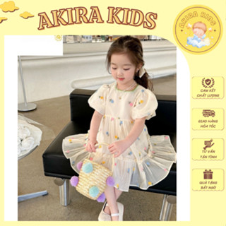 Váy Công Chúa Tơ Mịn 2 Lớp Tay Bồng Dáng Xòe Họa Tiết Hoa Kèm Nơ Lưng Xinh Yêu Cho Bé Gái 10-22kg