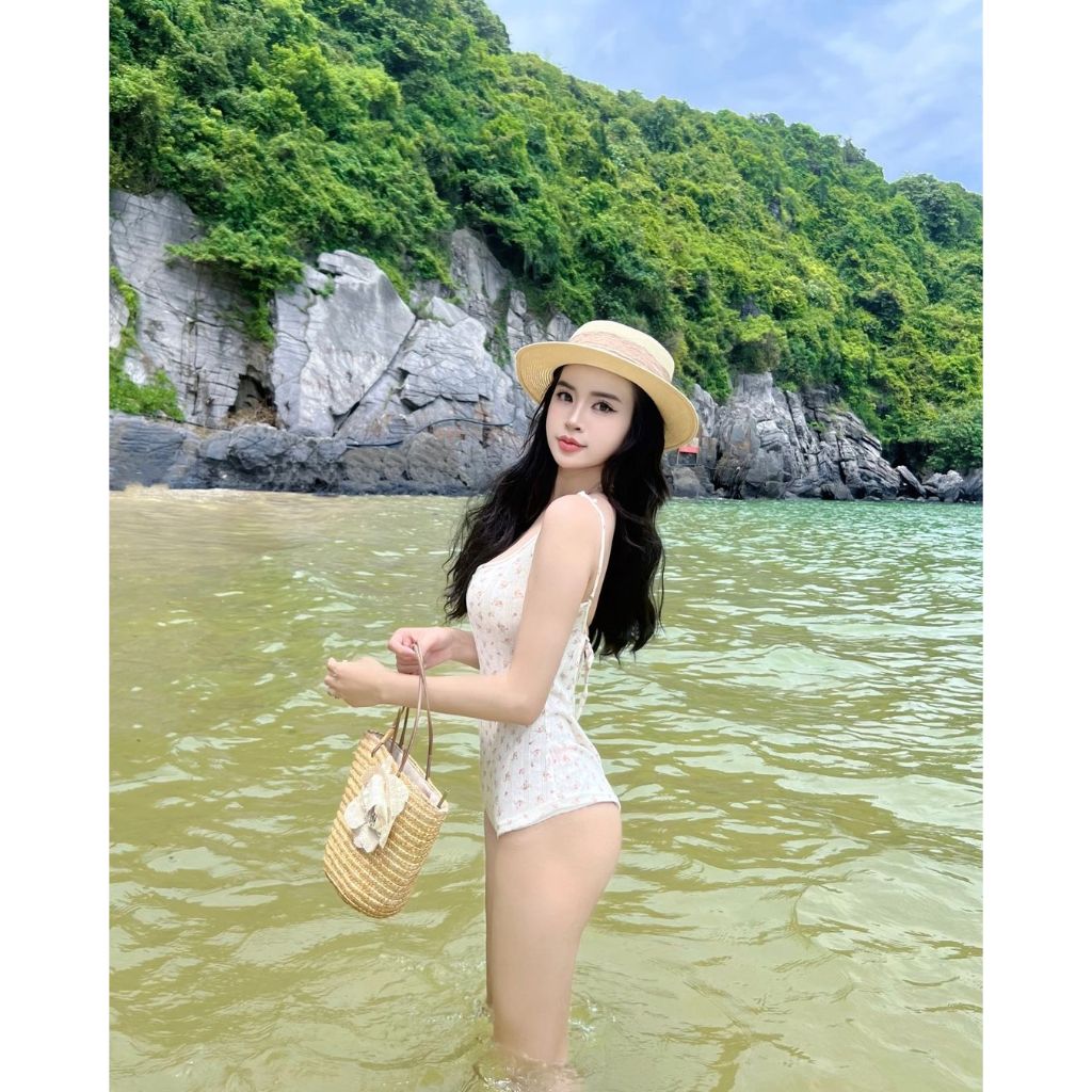 Bikini Jumpsuit đi biển hoa nhí hở lưng 1 lớp mỏng,Đồ bơi Bodysuit set áo liền quần co giãn ôm sát  (KO MÚT <50kg) | BigBuy360 - bigbuy360.vn