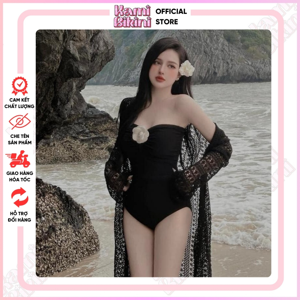 Bikini 1 mảnh đi biển kèm tag hoa sẵn đệm mút cup ngực sexy, áo choàng ren lưới sang chảnh 2 màu đen trắng fs <55kg | BigBuy360 - bigbuy360.vn