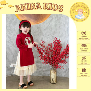 Áo Dài Tết Cách Tân, Áo Dài Nhung Đỏ Đính Hoa Cho Bé Gái (8-38kg)