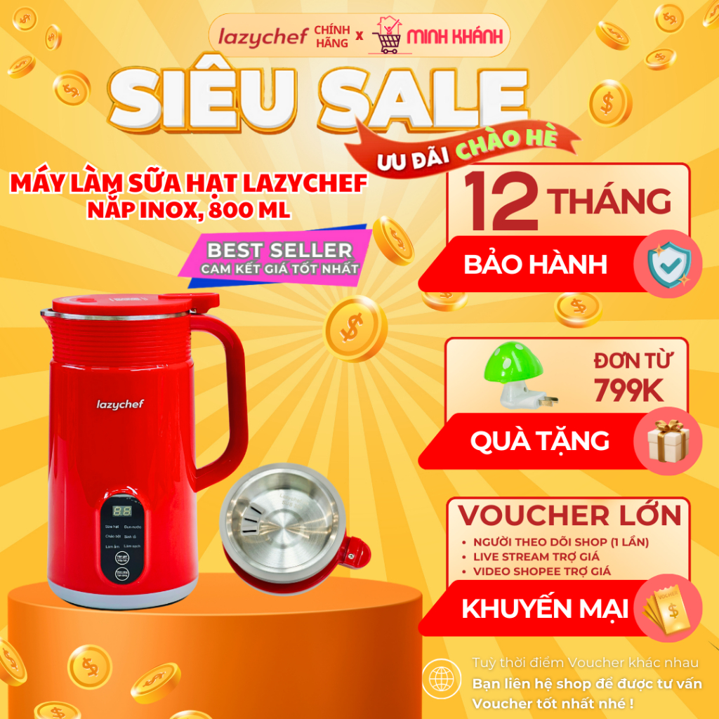 Máy làm sữa hạt mini LazyChef - 800ml, 6 lưỡi dao, 6 chức năng nấu tiện lợi, xay nhuyễn, mịn, ngon