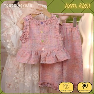 Set quần áo mùa hè bé gái áo sát nách viền bèo quần dài ống rộng kẻ caro hồng cho bé từ 9- 24kg