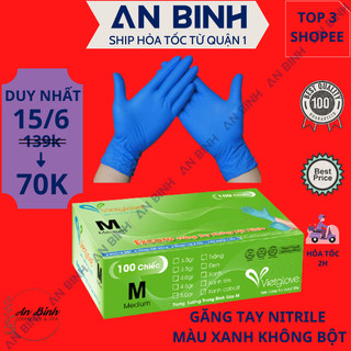 (Q1-HCM) Găng Tay Y Tế MÀU XANH Vietglove (Hộp 100 chiếc) Nitrile Không Bột - Bao Tay Nitrile Màu Xanh Không Bột Ezcare
