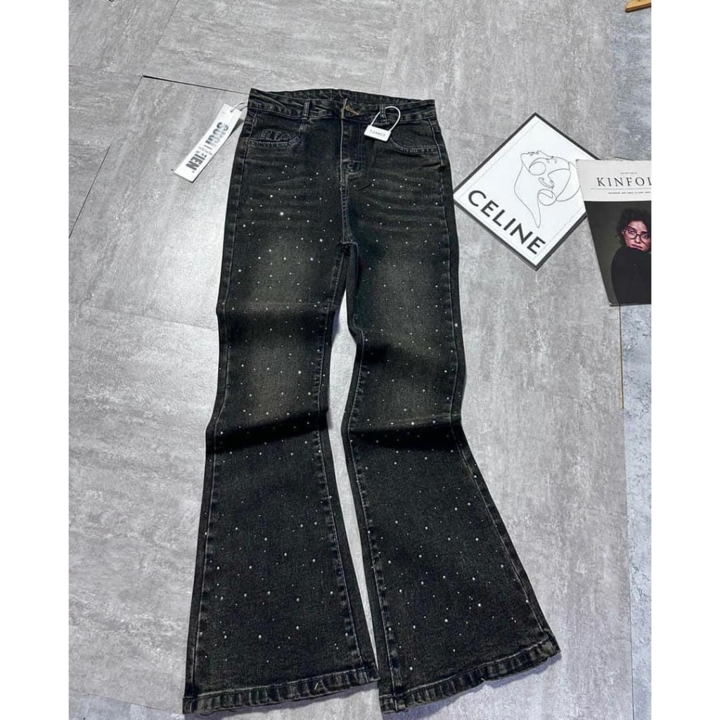 Quần bò nữ dáng loe siê tôn dáng cho nữ trendy , quần jean lưng cạp cao phối đá hot Quần dài jean dáng suông ống loe sao | BigBuy360 - bigbuy360.vn