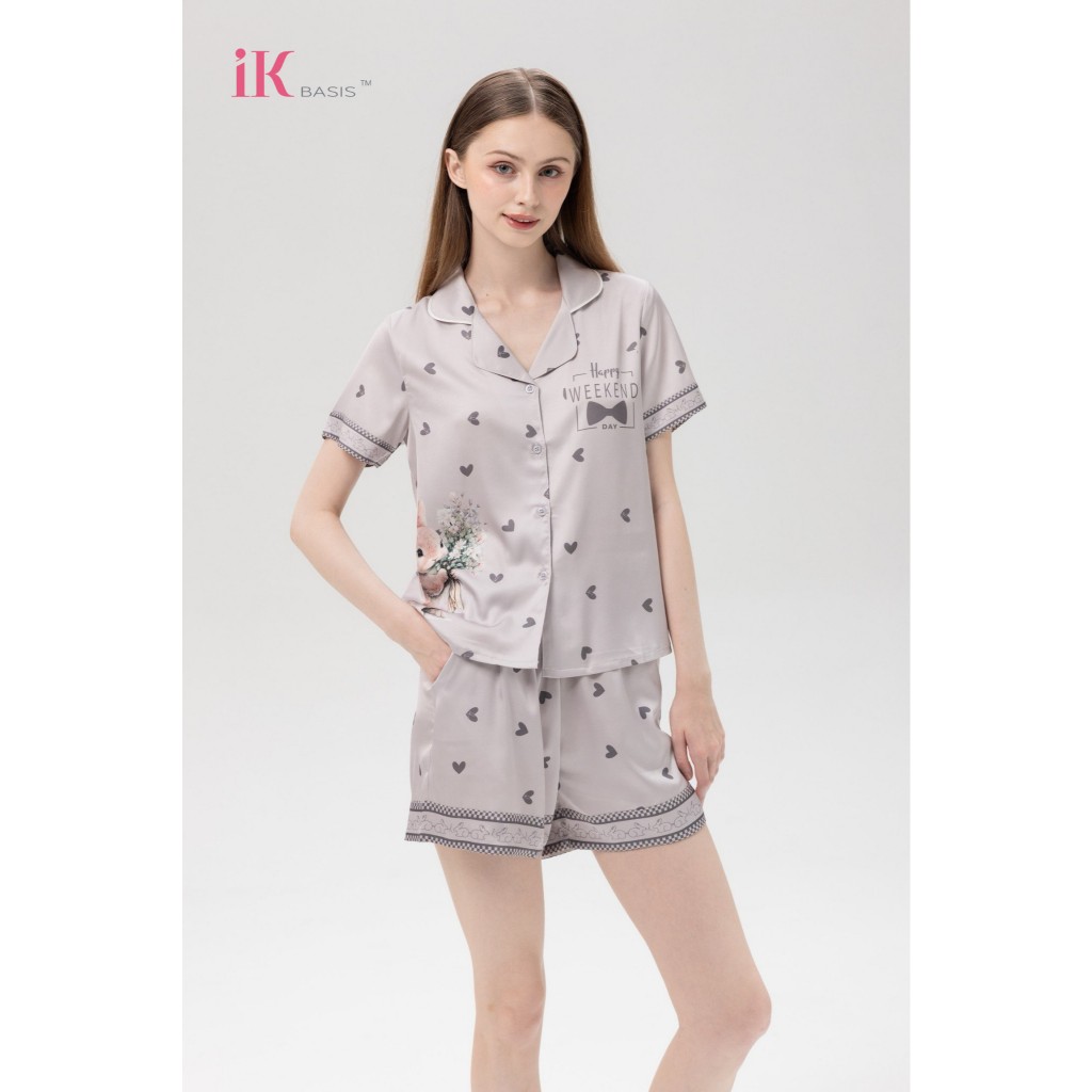 Set pijama iK lụa luxury cao cấp, họa tiết tim phối thỏ đáng yêu, kiểu áo cộc quần đùi, chất mềm mịn
